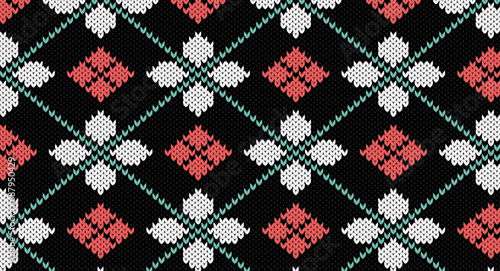 White flower and red geomatric on black knitted pattern, Festive Sweater Design. Seamless Knitted Pattern