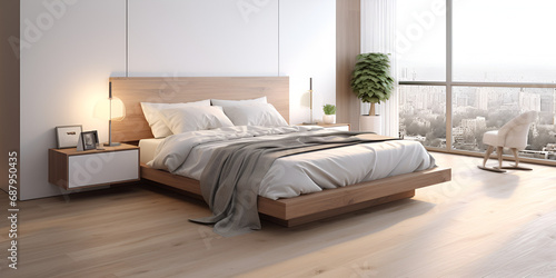 Interior of modern living room bed with white chair on the front of glass window and green plant on the wooden bed and lanp on the side of the bed Ai Generative photo