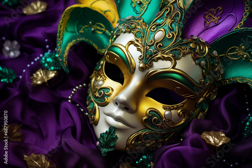 Mardi gras carnival concept - green, yellow and purple mask with decorations