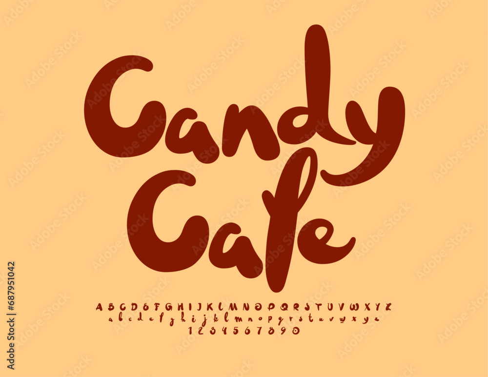 Fototapeta premium Vector advertising flyer Candy Cafe with decorative Brown Font. Artistic Alphabet Letters and Numbers set