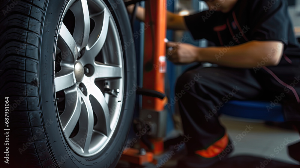 Fototapeta premium Car Maintenance Service. Technician Inflating Tire for Transportation Safety