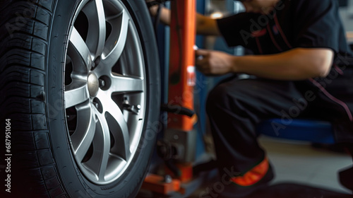 Car Maintenance Service. Technician Inflating Tire for Transportation Safety