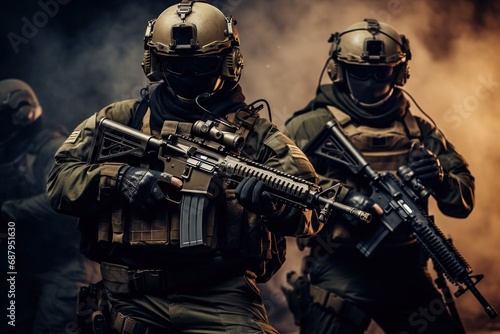 Army soldiers in Protective Combat Uniform holding Special Operations Forces Combat Assault Rifle