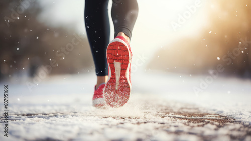 Woman with red sports shoes running in snow in winter
