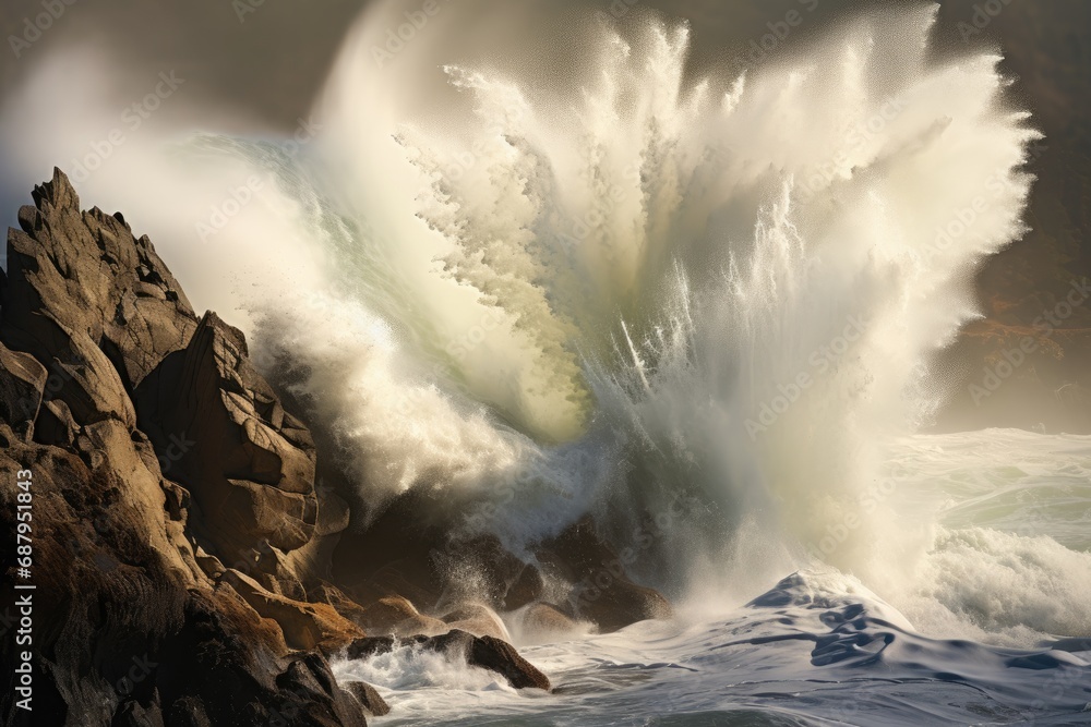 Powerful ocean wave crashing against rugged coastal rocks in a dramatic display of energy.