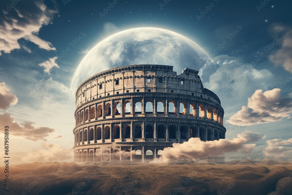 Surreal of the Colosseum surrounded by floating clouds and celestial elements.