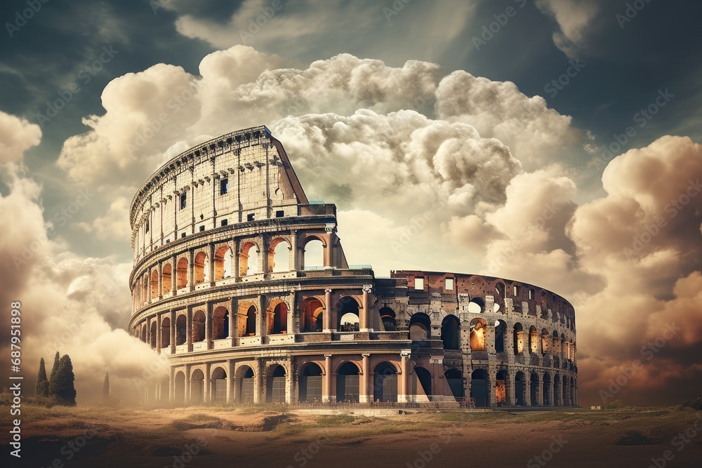 Surreal of the Colosseum surrounded by floating clouds and celestial elements.