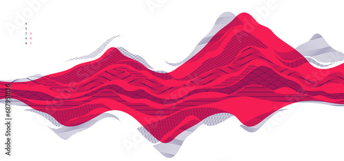 Abstract oriental Japanese art vector background in red color, traditional style design, wavy shapes and mountains terrain landscape, runny like sea lines.