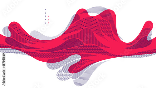 Abstract oriental Japanese art vector background in red color, traditional style design, wavy shapes and mountains terrain landscape, runny like sea lines.