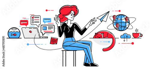 Freelance work on internet, young person freelancer doing some online job and messaging and chatting, self-employed creative worker.