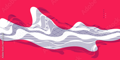 Oriental Japanese style vector abstract illustration in red color, background in Asian traditional style, wavy shapes and mountains terrain, runny like sea lines.