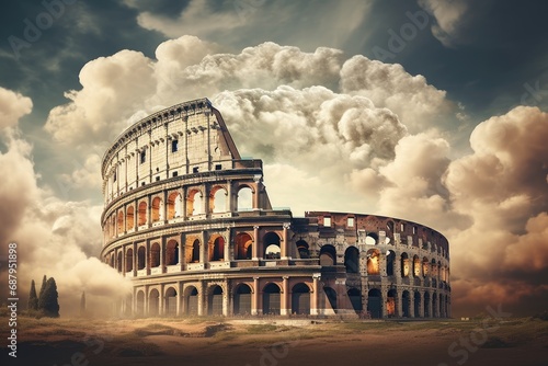 Surreal of the Colosseum surrounded by floating clouds and celestial elements.