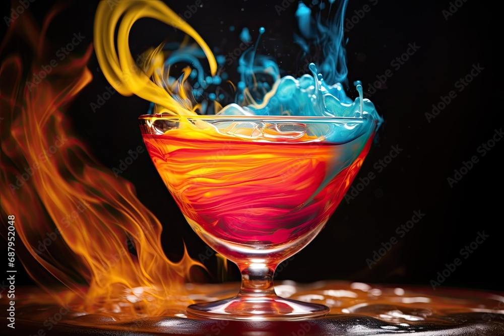 Colorful cocktail in glass with splashes on dark background. Party club entertainment. Mixed light movement