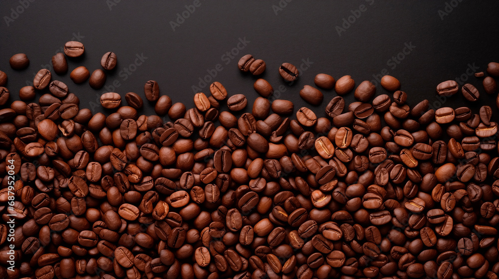 Roasted coffee beans on a wooden dark table, top view. Background of fragrant brown coffee beans scattered over the surface. copy space. Place for text. Roasted coffee beans on a wooden dark table, top view. Background of fragrant brown coffee beans scattered over the surface. copy space. Place for text.