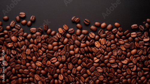 Roasted coffee beans on a wooden dark table  top view. Background of fragrant brown coffee beans scattered over the surface. copy space. Place for text.