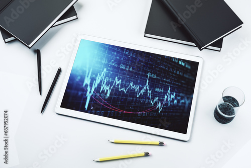 Top view of abstract creative financial graph on modern digital tablet screen, forex and investment concept. 3D Rendering