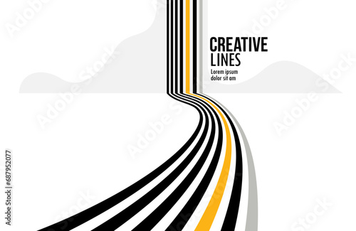 Linear composition vector road to horizon, abstract background with lines in 3D perspective, optical illusion op art, black and yellow colors.