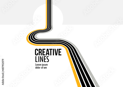 3D black and white lines in perspective with yellow elements abstract vector background, linear perspective illustration op art, road to horizon.