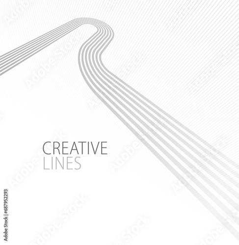 Lines in perspective vector abstract background in light grey and white monochrome, 3D dimensional stripes with smooth gradient and wavy motion.