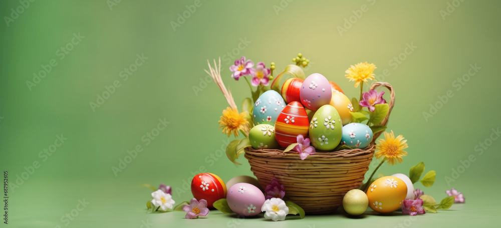 Miniature Easter egg wicker basket with flowers on green background Miniature Easter egg wicker basket with flowers on green background
