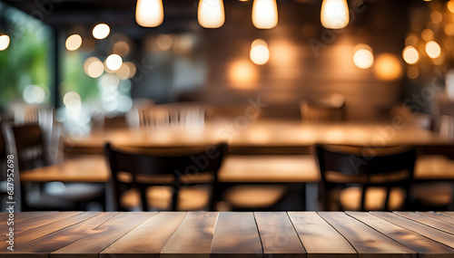 Empty wooden table on abstract restaurant background for product presentation - space for a montage showing the product