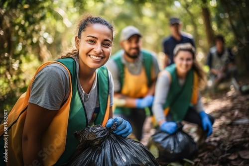 a group of volunteers collect garbage