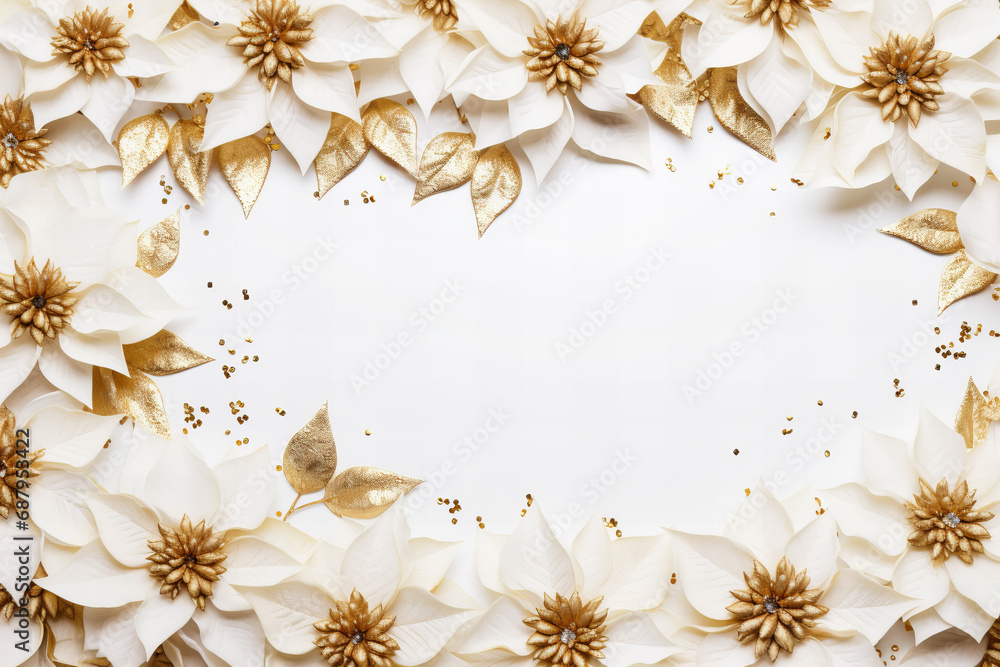 white and gold poinsettia Christmas floral frame on a white background with copy space