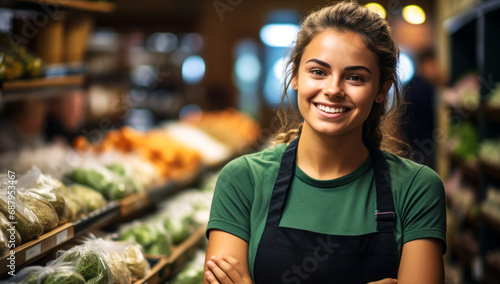 Confident Female Grocer Smiling in Apron Arms Crossed in Organic Grocery Store, Fresh Produce on Shelves in Background photo