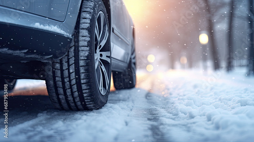 Car Tires on Snow-Covered Road During Morning Snowfall. Winter Driving