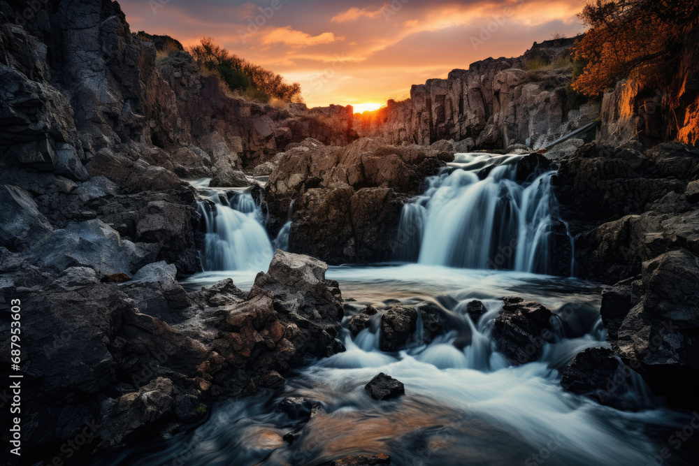 Fototapeta premium Illuminated Waterfall in Twilight Ambience
