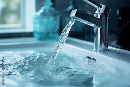 water is flowing from the kitchen faucet