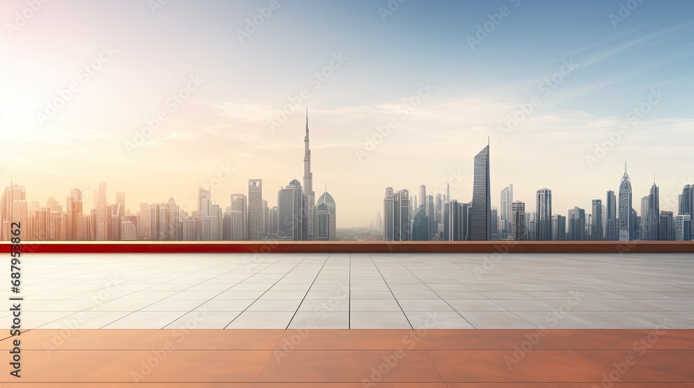 an empty square floor against a city skyline with a background of buildings, the composition reflects a minimalist and modern style.
