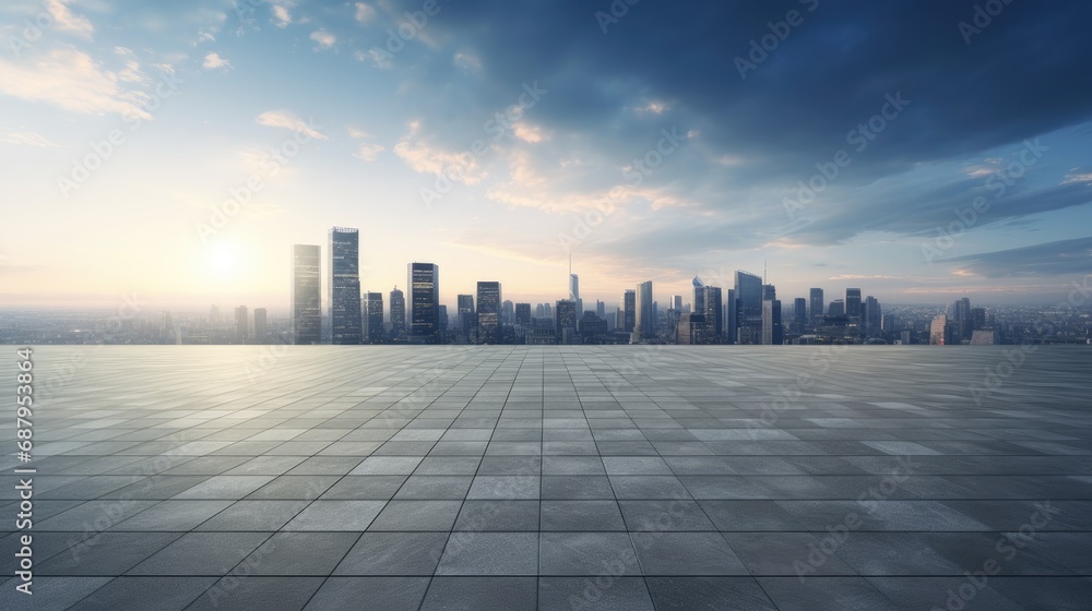 an empty square floor against a city skyline with a background of buildings, the composition reflects a minimalist and modern style. an empty square floor against a city skyline with a background of buildings, the composition reflects a minimalist and modern style.
