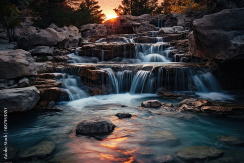 Illuminated Waterfall in Twilight Ambience