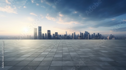 an empty square floor against a city skyline with a background of buildings  the composition reflects a minimalist and modern style.