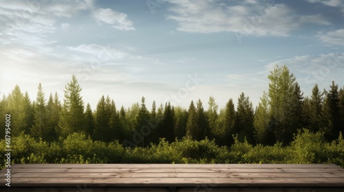 a boreal forest background with an empty rustic wooden table, ideal for displaying product mockups, ensuring an irreproachable composition in a minimalist and modern style. photo