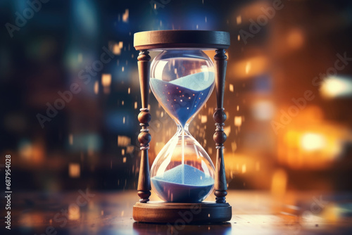 A classic hourglass sitting on top of a sturdy wooden table. This timeless image captures the concept of time passing and can be used in various projects