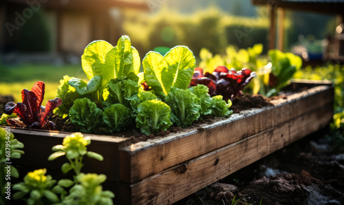 Lush vegetable garden in raised wooden bed with vibrant green lettuce and red chard basking in the golden sunlight, symbolizing organic growth and sustainable gardening