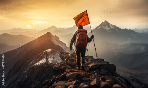 Adventurous mountaineer with an orange backpack reaching the summit with a red flag on top against a dramatic sky at sunrise