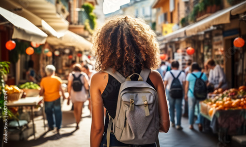 Rear view of a young tourist with curly hair and backpack wandering through a bustling Mediterranean market street lined with fruit stands