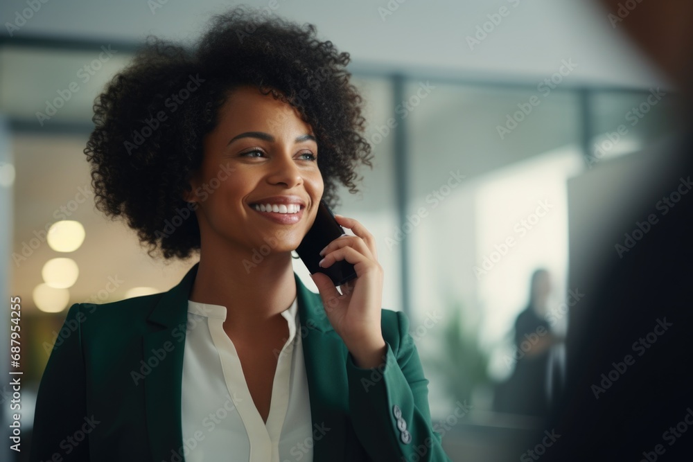 A woman talking on a cell phone in an office. Suitable for business communication concepts - obrazy, fototapety, plakaty 