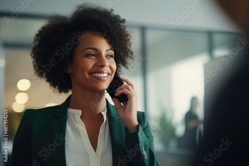A woman talking on a cell phone in an office. Suitable for business communication concepts photo