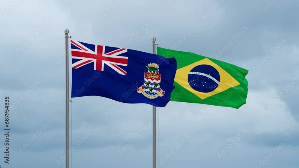 Cayman Islands and Brazil flags waving together on cloudy sky, endless seamless loop, two country relations concept Cayman Islands and Brazil flags waving together on cloudy sky, endless seamless loop, two country relations concept