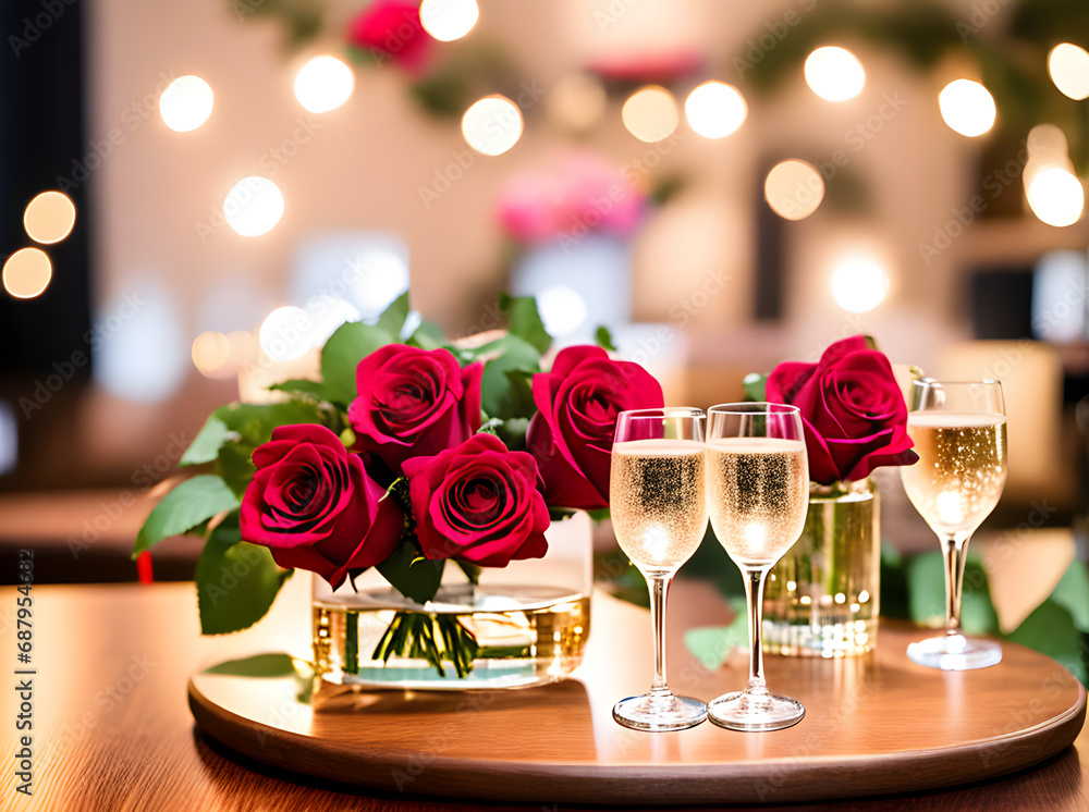 Romantic Valentines Day featuring hearts champagne roses.