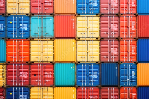 A bunch of colorful shipping containers stacked on top of each other. Can be used to represent logistics, transportation, or global trade