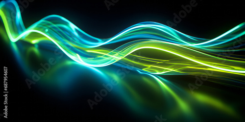 Dynamic neon light streams with a futuristic glow, intersecting in a display of vibrant blue and green energy lines against a dark background