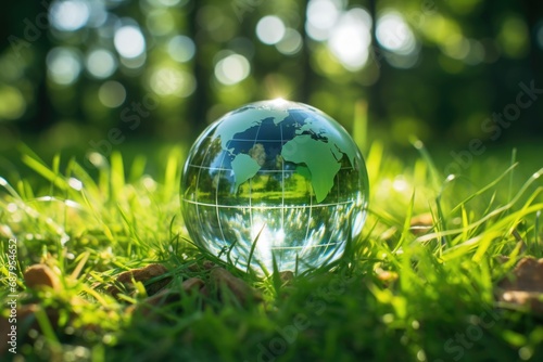 A glass globe sitting on top of a lush green field. Can be used to represent environmental conservation or global concepts