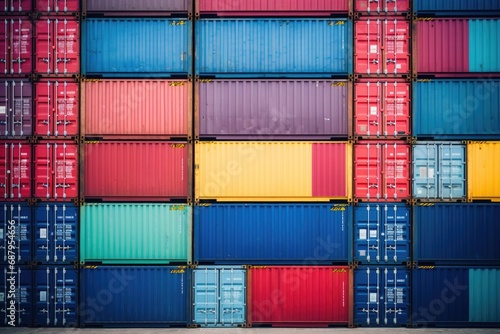 A vibrant collection of shipping containers stacked together. Ideal for illustrating global trade and logistics