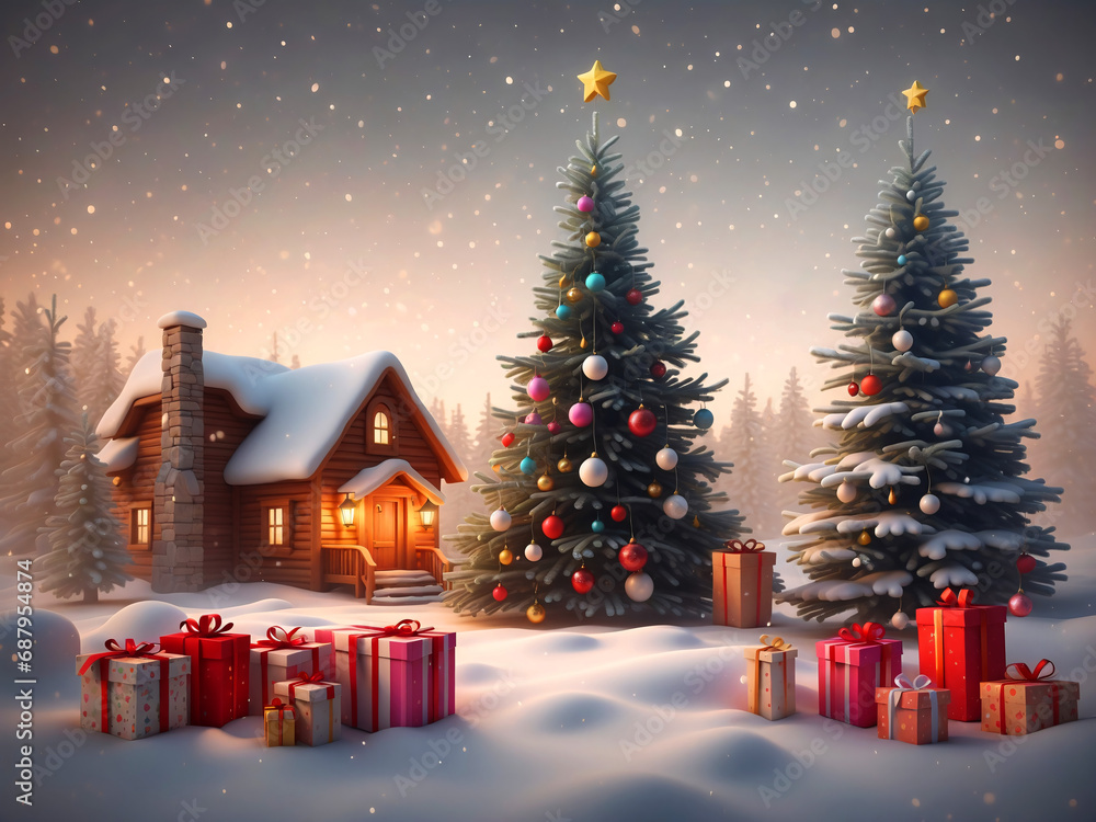 Obraz premium Christmas and New Year background. Xmas pine fir lush tree. golden gifts box. Glass Balls hanging on ribbon. Bright Winter holiday composition. Greeting card, banner, poster, Place for text, 3d style