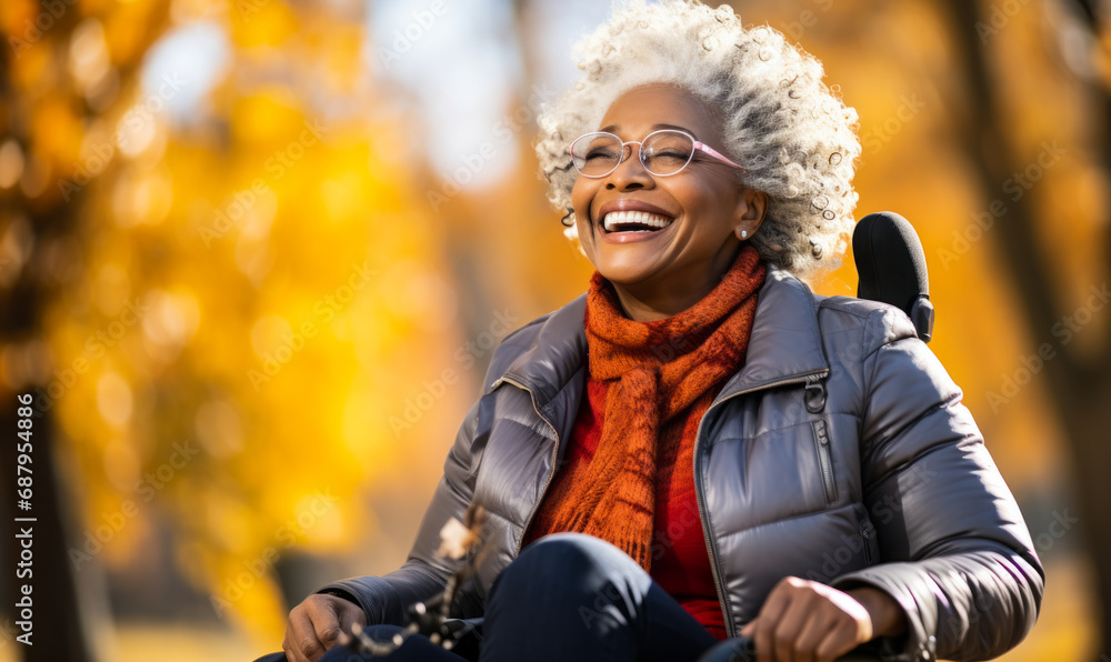 Joyful elderly African American woman with gray hair enjoying the autumnal park from her wheelchair, showcasing independence and positivity Joyful elderly African American woman with gray hair enjoying the autumnal park from her wheelchair, showcasing independence and positivity